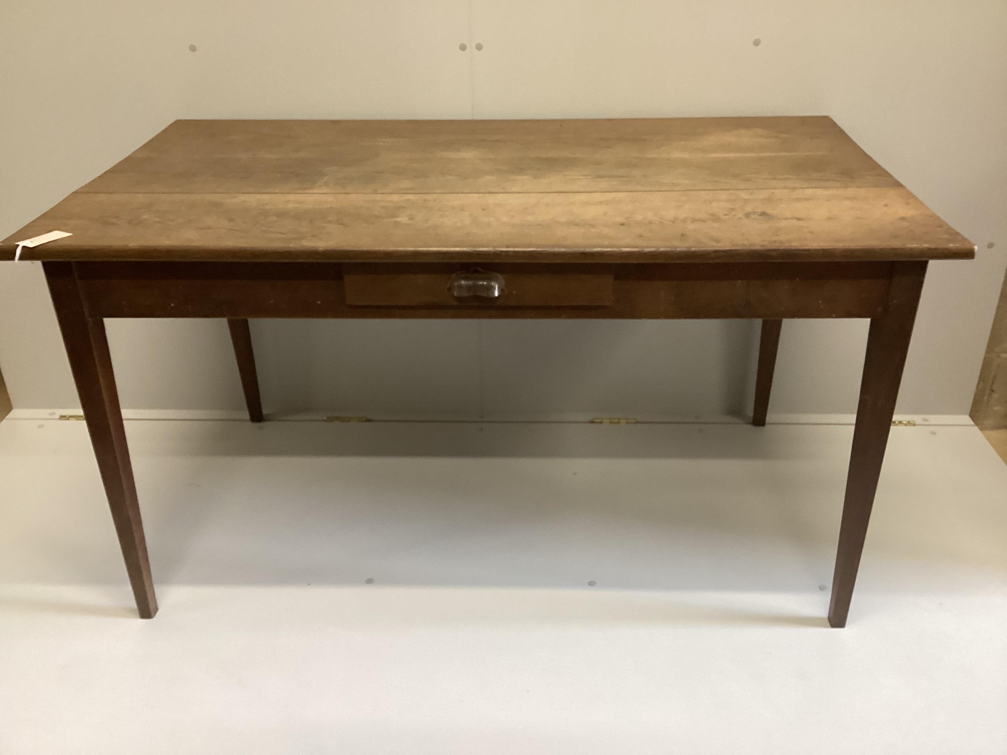A 19th French rectangular oak kitchen table, width 139cm, depth 76cm, height 74cm